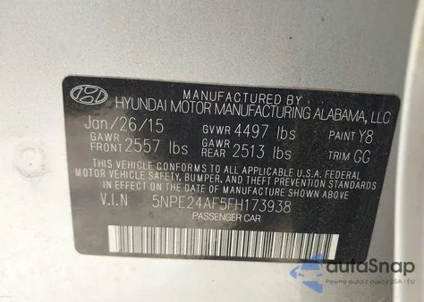 2015 Hyundai Sonata Se из США, поврежденный, VIN 5NPE24AF5FH173938